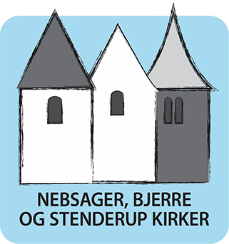 Logo for Nebsager, Bjerre og Stenderup Kirker. Grafisk repræsentation af de 3 kirketårnet på en lyseblå baggrund med kirkernes navne nedenunder.